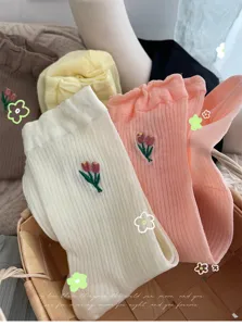 Cute tulip embroidered women mid-calf socks with sweet ruffled edge cotton daily wear
