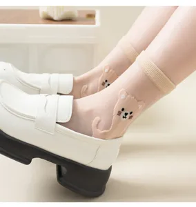 Cute cartoon bear sheer glass silk women mid-calf socks spring summer thin breathable