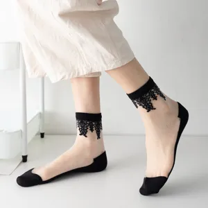Summer thin black lace crystal silk socks for women, breathable cotton bottom design.