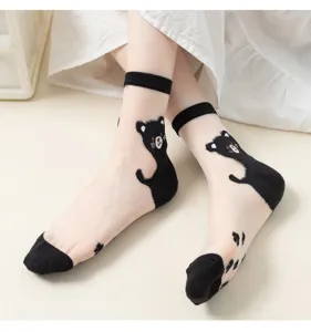 Cute black cat print sheer crystal silk socks for women, breathable summer hosiery.