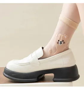 Cute cartoon cat sheer socks detail view, thin glass silk material with comfortable cotton bottom for women.