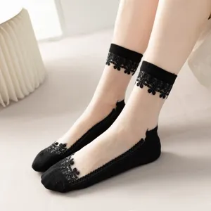 Women sheer lace crystal silk socks summer thin transparent cotton bottom breathable ankle socks