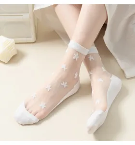 Sheer transparent crystal silk mid-tube socks with cute white star pattern and cotton bottom.