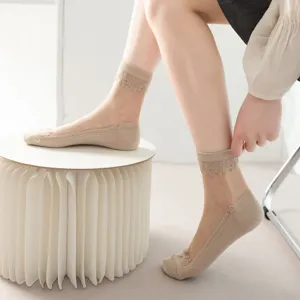 Women summer thin transparent crystal silk socks with elegant lace trim, breathable cotton bottom.