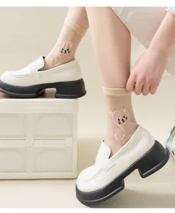 Transparent crystal silk women socks featuring cute cartoon cat design and soft cotton bottom.