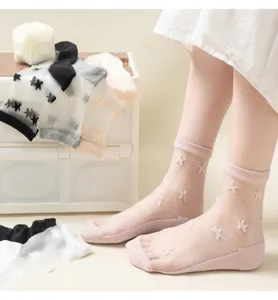 Women sheer crystal silk socks with cute star patterns, breathable summer mid-calf hosiery.