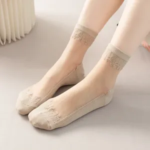 Women sheer lace crystal silk socks summer thin transparent cotton bottom mid tube socks