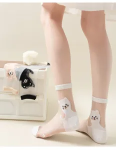 Close-up detail of cute cat crystal silk sheer socks for women, lightweight summer wear.