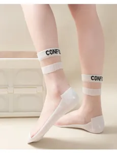 Transparent sheer crystal silk socks detail, thin glass socks featuring nice letters and stripes.