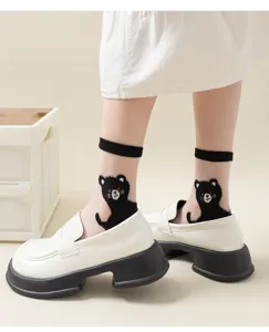 Women sheer crystal silk socks cute black cat pattern breathable cotton bottom mid tube