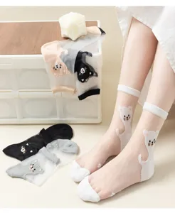 Cute cartoon bear sheer thin glass silk socks for women summer breathable hosiery