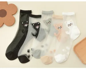 Sheer crystal silk mid-tube socks with cute cat cartoon embroidery and cotton sole for women