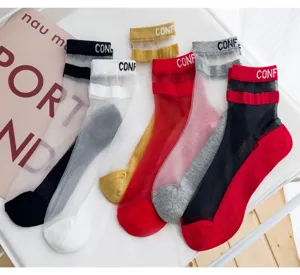 Women sheer crystal glass socks with cotton bottom, thin breathable mid-calf design, multi-color.