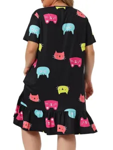 Plus size casual short sleeve nightgown featuring cute colorful cat prints and stylish ruffles.