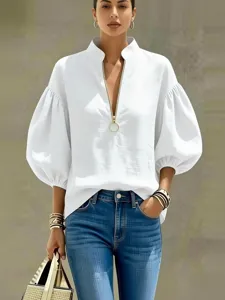 Damen V-Ausschnitt Metall Reißverschluss Laternenärmel lose lässige Bluse Top.
