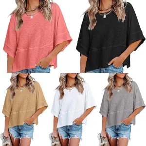 Damen Casual Locker Einfarbig Gespleißt Trompetenärmel T-Shirt Rundhals Kurzarm Sommer Top Für Den Alltag