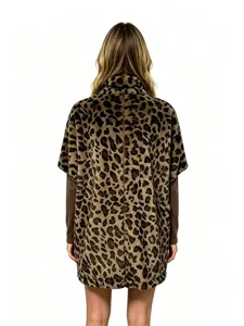 Women's leopard print faux fur coat stylish autumn winter loose plush outerwear cape.