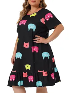 Plus-size casual short-sleeve dress featuring cute colorful cat print, comfortable loungewear.