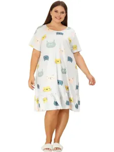 Plus size cute cat print short sleeve casual nightgown loose comfortable sleepwear dress