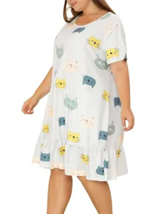 Plus size short sleeve casual cat print nightgown dress with ruffle hemline detail.