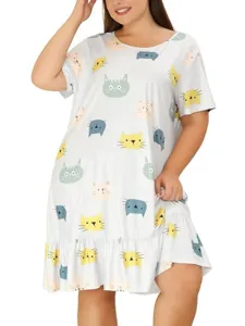 Charming plus size short sleeve nightgown detail featuring adorable cute cat print patterns.