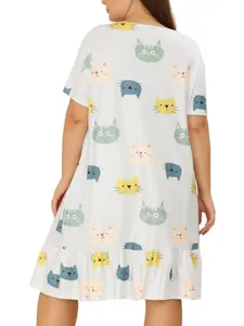 Plus size cat print short sleeve nightgown casual sleepwear dress for women comfortable wear.