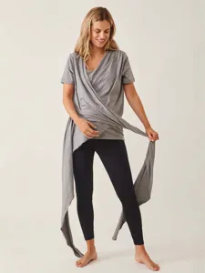 Women's summer grey short sleeve wrap crossover kangaroo baby carrier casual t-shirt top