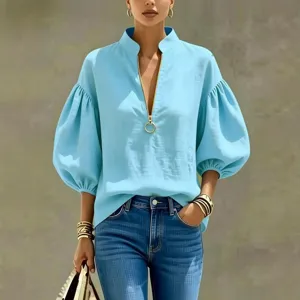 Schicke hellblaue V-Ausschnitt Reißverschluss Puffärmel Casual Bluse für Damen Alltag.