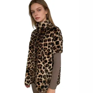 Leopard faux fur zip vest winter women casual plush outerwear warm furry sleeveless jacket