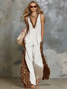 Ete Leopard Imprime Contraste Gilet Pantalon Ensemble Femme Mode Casual Detail Vue