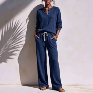 Women waffle knit casual lounge set long sleeve top and wide leg pants activewear outfit