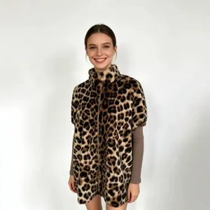 Women leopard print faux fur zip vest autumn winter fashion cozy casual outerwear top