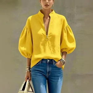 Damen Gelb V-Ausschnitt Reißverschluss Laternenarm Bluse Freizeit Locker Chic Top Mode