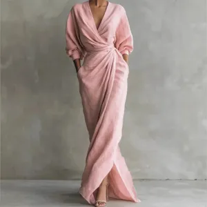 Women's Elegant Solid Color V-Neck Long Sleeve Slit Waist-Cinched Pocket Maxi Dress