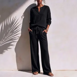 Waffle knit lounge set women two piece long sleeve henley top and wide leg pants casual outfit