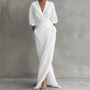 Elegant white long sleeve maxi dress V neck wrap front slit casual evening party wear