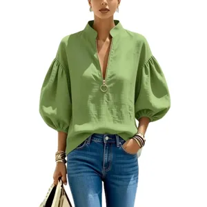 Grüne Damen V-Ausschnitt Metall Reißverschluss Laternenärmel Casual Bluse Top Hauptbild