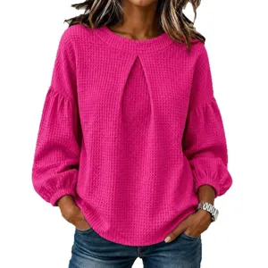 Damen einfarbig Waffelstrick Langarmshirt Freizeit Rundhalsausschnitt Laternenarm Bluse