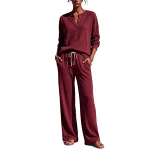 Women waffle knit loungewear set long sleeve henley top and wide leg pants autumn