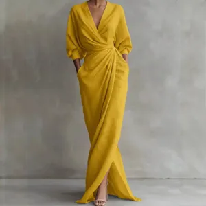 Elegant solid color yellow V-neck long sleeve split waist pocket maxi dress for women.