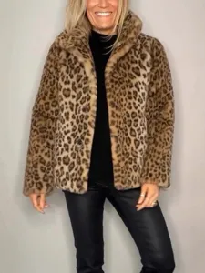 Femme manteau fausse fourrure motif léopard hiver mode revers manches longues veste chic