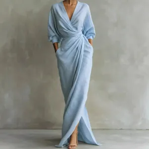 Elegant solid V-neck long sleeve slit waist pocket maxi dress for women, chic and stylish.