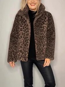 Manteau chic en fausse fourrure imprimé léopard pour femme, veste d'hiver chaude.