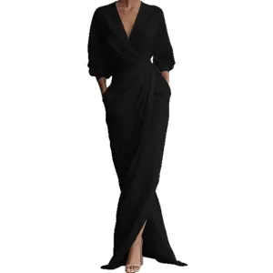 Elegant solid color V-neck long sleeve slit maxi dress with pockets for women fashion.
