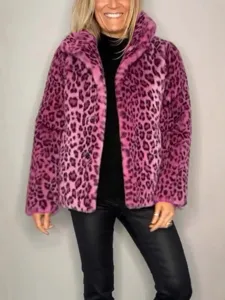 2024 Hiver Femme Mode Rose Leopard Fausse Fourrure Manteau Revers Chaud Veste Chic