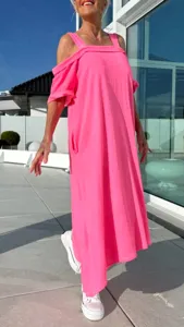 Robe longue sans manches rose vif décontractée d'été pour femmes coupe ample plage