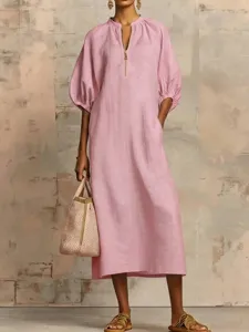 Elegante vestido midi de lino liso para mujer, holgado, casual, de manga abullonada con cremallera.