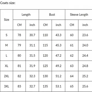 Detailed size chart showing measurements in centimeters and inches for winter coats.