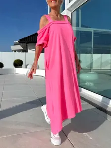 Robe Longue Nuisette Décontractée en Mélange de Coton pour Femmes Couleur Unie Sans Manches Col U Coupe Ample Mode Été Plage Maxi