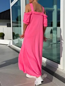 Femme été rose vif épaule dénudée maxi robe décontractée ample longue robe streetwear tendance